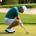 **Image Prompt 1:** A professional golfer in a state of intense mental focus and calm concentration, performing their deliberate pre-shot routine on a beautifully manicured golf course green. The image should convey deep visualization, resilience, and mental fortitude. Soft, natural lighting.