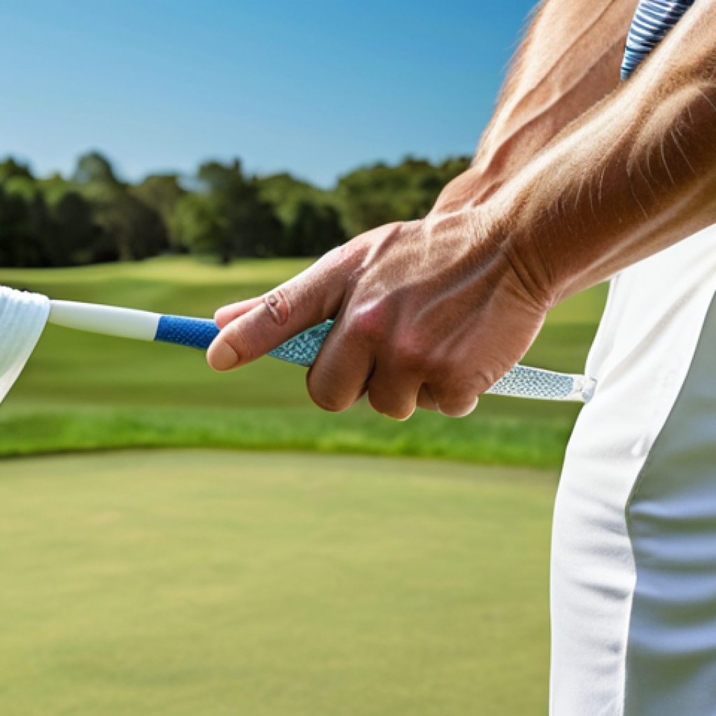 **

A golfer's grip on the club, hands in a neutral position, visualizing holding a tube of toothpaste without squeezing, emphasizing control and relaxed tension. Focus on the alignment of the hands, illustrating a balance between a strong and weak grip. The background should be a golf course.

**