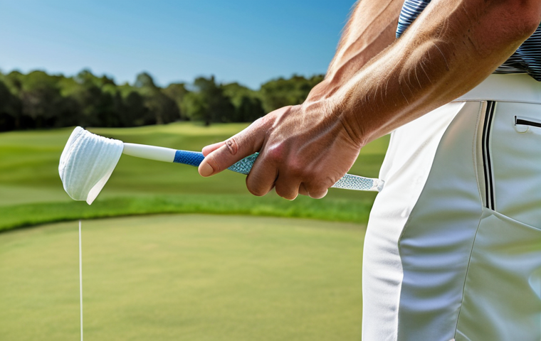 **

A golfer's grip on the club, hands in a neutral position, visualizing holding a tube of toothpaste without squeezing, emphasizing control and relaxed tension. Focus on the alignment of the hands, illustrating a balance between a strong and weak grip. The background should be a golf course.

**