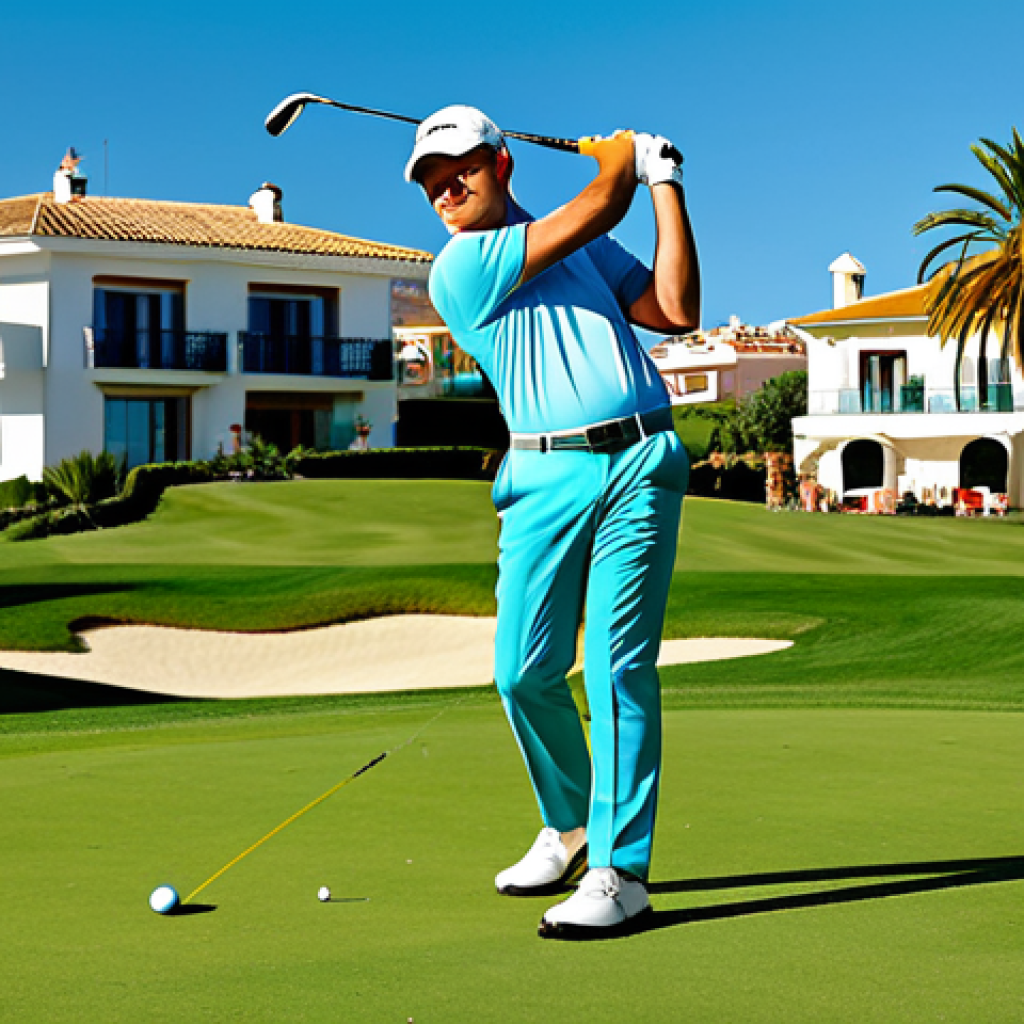 **

"A determined golfer, fully clothed in stylish, modern golf apparel, safe for work, swinging a driver on a lush green fairway under a bright, sunny sky in Marbella, Spain.  Palm trees and luxury villas are visible in the background. Perfect anatomy, correct proportions, natural pose, family-friendly, professional photography, high quality."

**