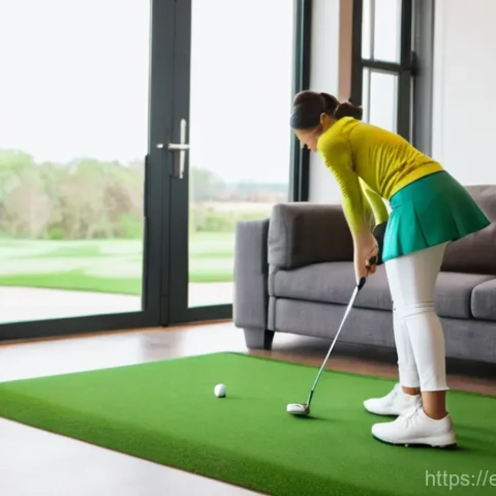 골프 퍼팅 매트 활용법 - **Prompt:** "A focused young woman, dressed in comfortable yet stylish athletic leggings and a fitte...