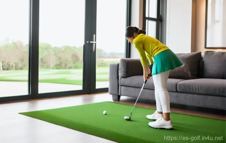 골프 퍼팅 매트 활용법 - **Prompt:** "A focused young woman, dressed in comfortable yet stylish athletic leggings and a fitte...