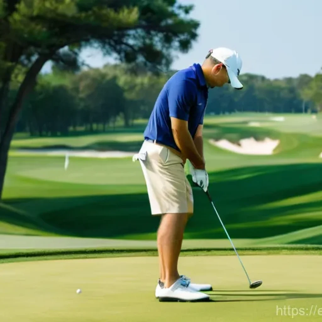 초보 골퍼를 위한 코스 매니지먼트 - **Prompt:** A focused male golfer in his 40s, dressed in a classic navy blue polo shirt and beige go...