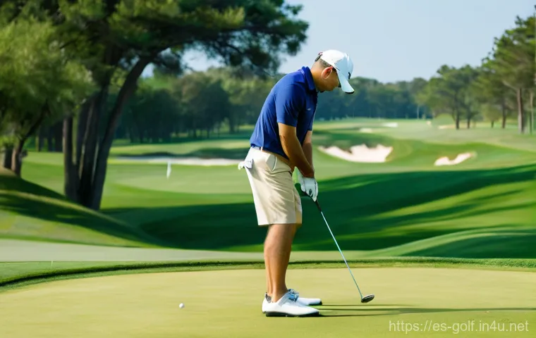 초보 골퍼를 위한 코스 매니지먼트 - **Prompt:** A focused male golfer in his 40s, dressed in a classic navy blue polo shirt and beige go...