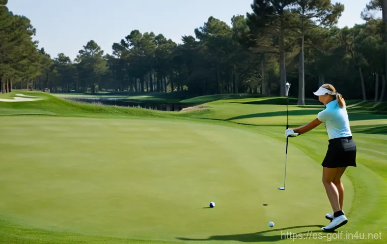초보 골퍼를 위한 코스 매니지먼트 - **Prompt:** A focused male golfer in his 40s, dressed in a classic navy blue polo shirt and beige go...