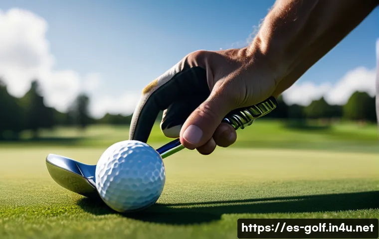 골프 클럽 헤드 재질과 특성 - A close-up, hyper-realistic image of a golfer&rsquo;s hand gripping a steel-headed golf club during a sunn...