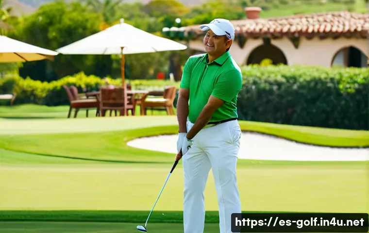 골프를 위한 스트레칭 루틴 - A middle-aged Hispanic golfer in sporty golf attire performing dynamic shoulder and wrist rotations ...