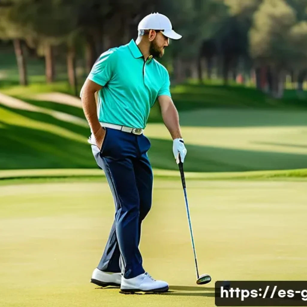 골프 스윙 체중 이동 연습법 - A skilled male golfer in mid-swing on a lush golf course in Spain, wearing a stylish golf polo shirt...