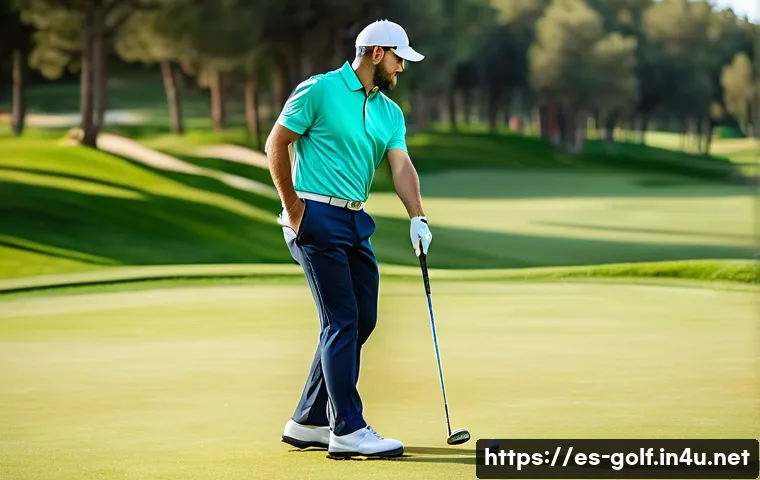 골프 스윙 체중 이동 연습법 - A skilled male golfer in mid-swing on a lush golf course in Spain, wearing a stylish golf polo shirt...