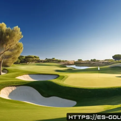 Home 33 골프 경기 규칙 요약 - A scenic golf course landscape under a clear blue sky in a sunny Spanish countryside setting, featur...