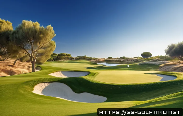 골프 경기 규칙 요약 - A scenic golf course landscape under a clear blue sky in a sunny Spanish countryside setting, featur...