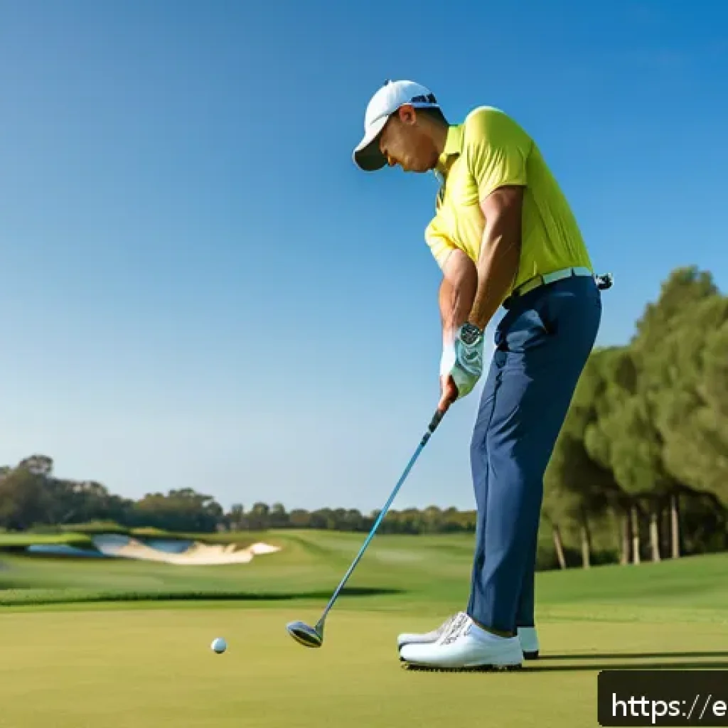 골프에서 가장 흔한 실수와 교정법 - A detailed scene of a male golfer on a sunny golf course practicing his swing posture. He is wearing...