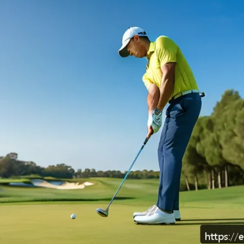 Home 32 골프에서 가장 흔한 실수와 교정법 - A detailed scene of a male golfer on a sunny golf course practicing his swing posture. He is wearing...