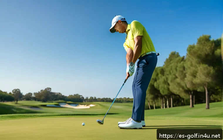 골프에서 가장 흔한 실수와 교정법 - A detailed scene of a male golfer on a sunny golf course practicing his swing posture. He is wearing...