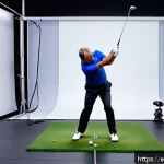 Home 19 골프 피팅 과정과 비용 - A professional indoor golf fitting session in a modern studio in Spain, featuring a middle-aged male...