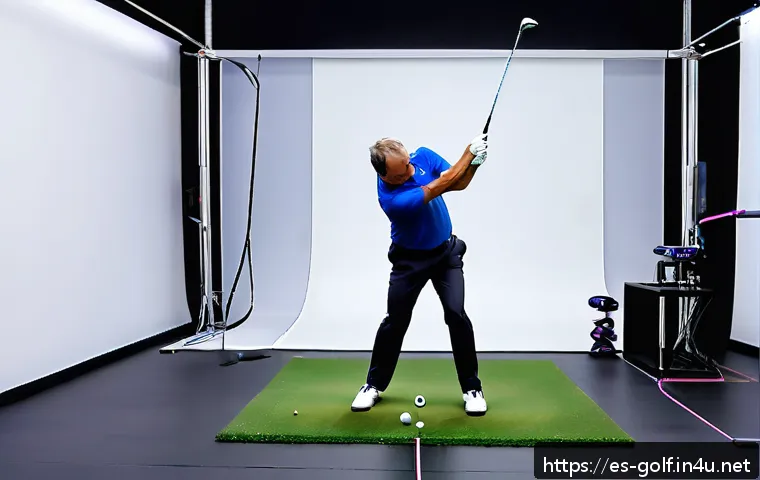 골프 피팅 과정과 비용 - A professional indoor golf fitting session in a modern studio in Spain, featuring a middle-aged male...