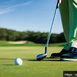 Home 18 골프 퍼팅 시 공의 속도 조절법 - A detailed close-up scene of a golfer on a lush golf green, focusing on the putting stroke. The golf...