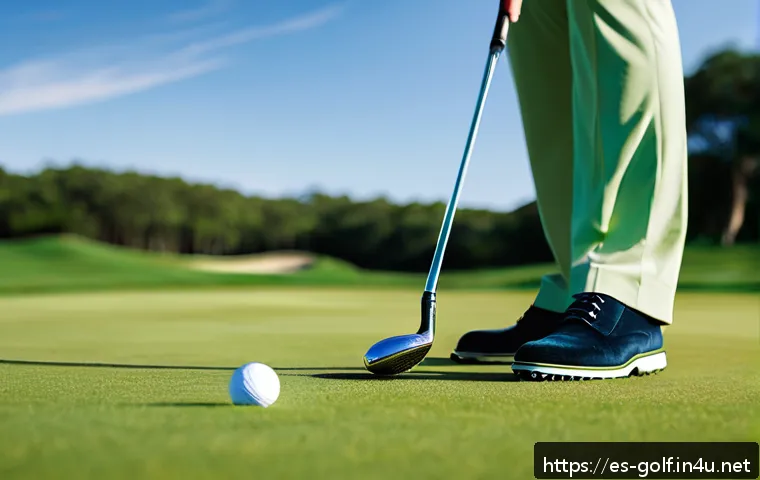 골프 퍼팅 시 공의 속도 조절법 - A detailed close-up scene of a golfer on a lush golf green, focusing on the putting stroke. The golf...