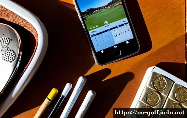 Home 17 골프 필드 예약 방법 - Photorealistic overhead view of a Spanish golfer at a tidy sunlit home desk booking a tee time on a ...