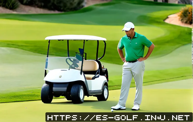골프장에서의 에티켓과 주의점 - Photorealistic Spanish golf course scene, a courteous adult golfer in clean polo shirt and trousers ...