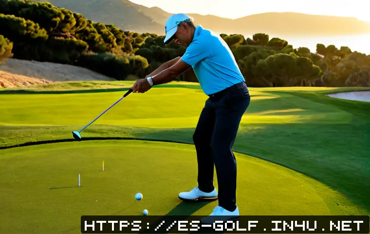 골프 비거리 늘리는 방법 - Photorealistic wide shot of a middle-aged Spanish golfer practicing a powerful driver swing on a sun...
