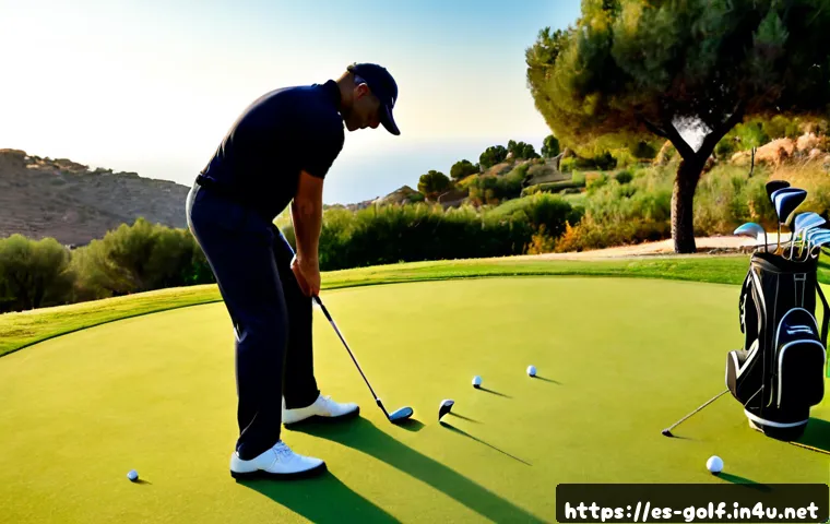 초보자를 위한 골프 연습 스케줄 - Photorealistic early-morning golf practice range in Spain, a beginner adult golfer in modest athleti...